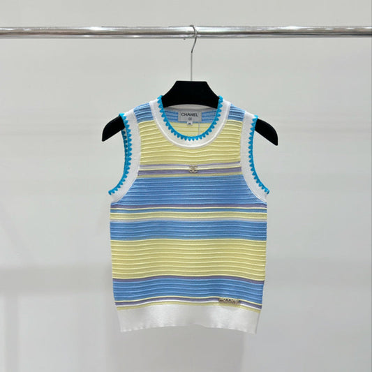 CHC119  Spring and summer new lace striped color knitted crew neck vest  Clothes