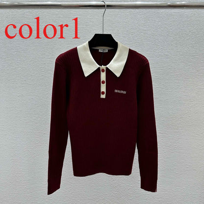 SMIC1  Women's color contrast neckline letter logo embroidery knitted long sleeve clothes