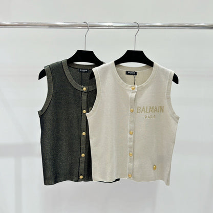 BAC100  Spring summer gold and silver thread letter jacquard metal buckle knitted vest   Clothes