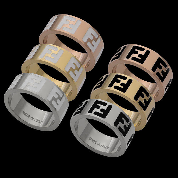 FR1 Titanium steel jewelry wholesale FD black and white oil dripping double F letter wide face ring couple simple ring