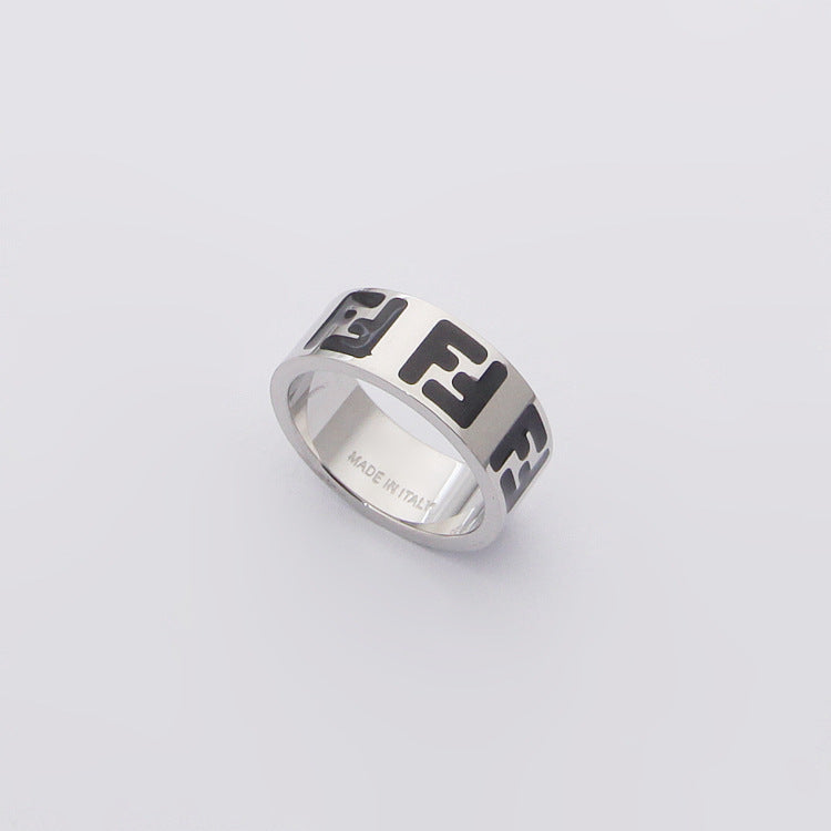 FR1 Titanium steel jewelry wholesale FD black and white oil dripping double F letter wide face ring couple simple ring