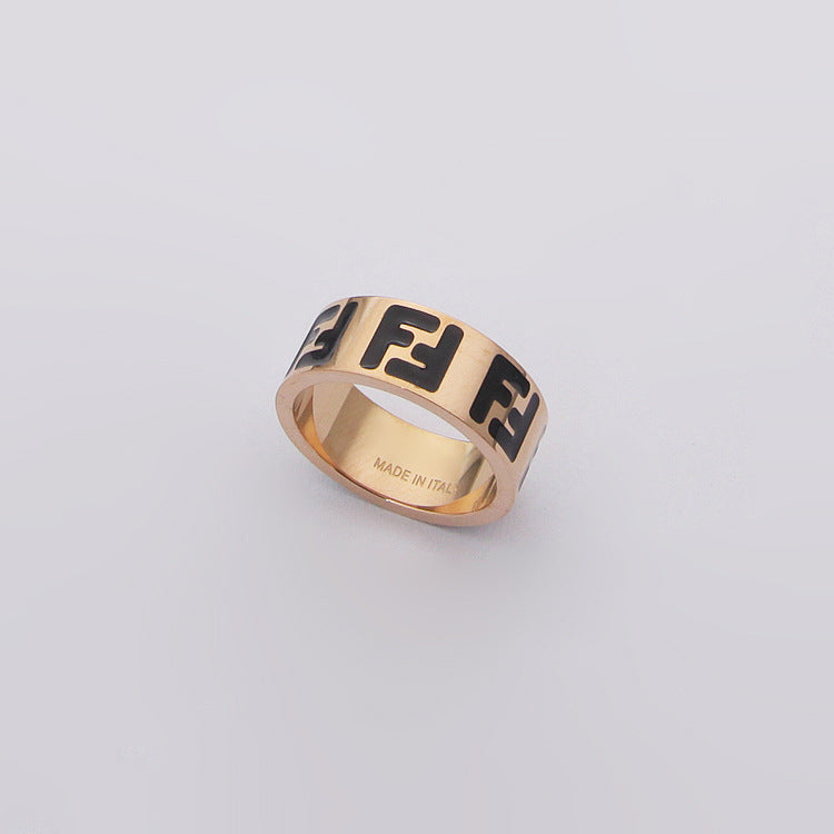 FR1 Titanium steel jewelry wholesale FD black and white oil dripping double F letter wide face ring couple simple ring