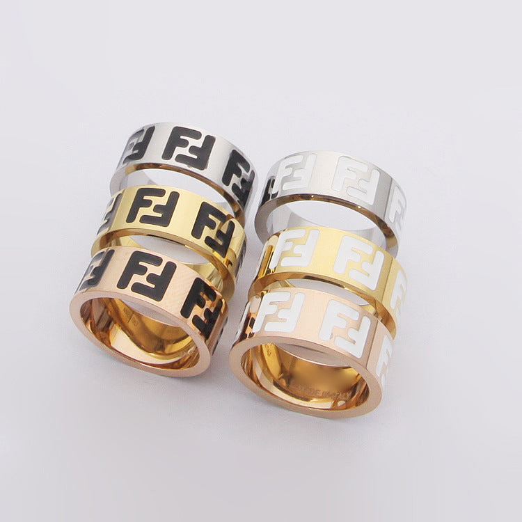 FR1 Titanium steel jewelry wholesale FD black and white oil dripping double F letter wide face ring couple simple ring