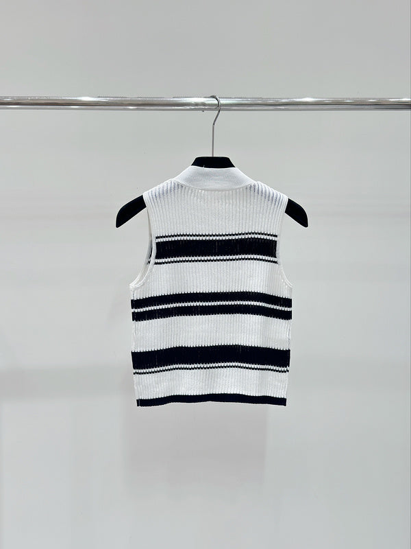 MIC7   Spring and summer new striped color contrast letter jacquard knitted crew neck vest  Clothes