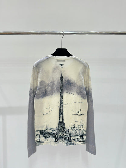 DIC029  Early fall new gradient Paris Tower print knitted long-sleeved clothes