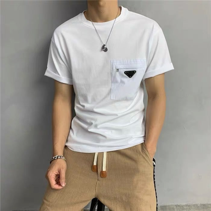 PRC9  Men's and women's short-sleeved T-shirt with triangle metal label pocket decoration