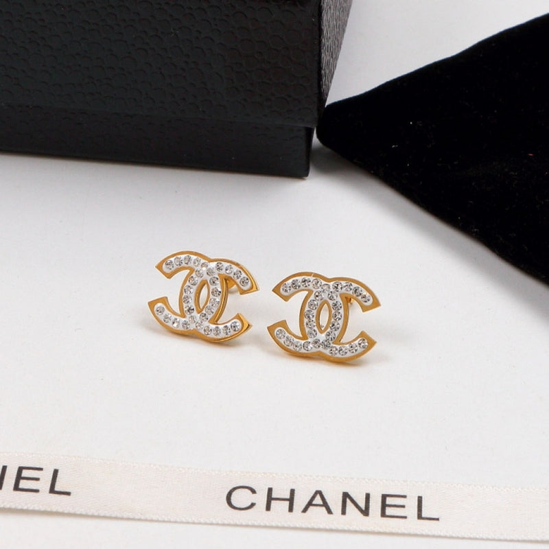 CHE111 18K Titanium Steel Color Gold Couple Letter White Diamond Stud Earrings  Jewelry