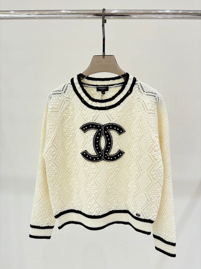 CHC136  Autumn and winter round neck color matching logo knitted loose top clother