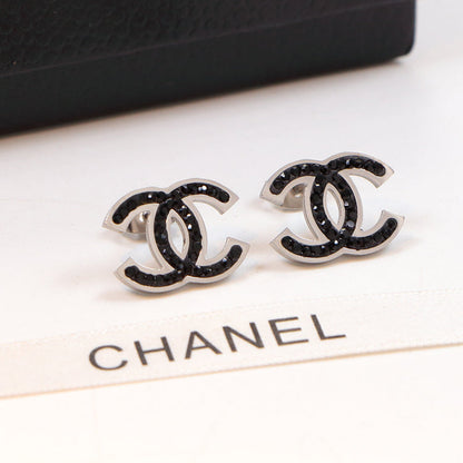 CHE118  18K Titanium Steel Color Gold Couple Double C Letter Black Diamond Stud Earrings  Jewelry