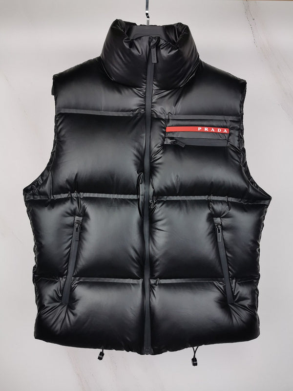 PKC1 Red label pressed rubber down vest, male and female couples