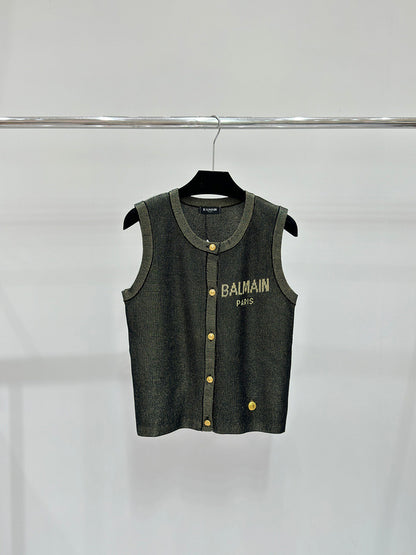 BAC100  Spring summer gold and silver thread letter jacquard metal buckle knitted vest   Clothes