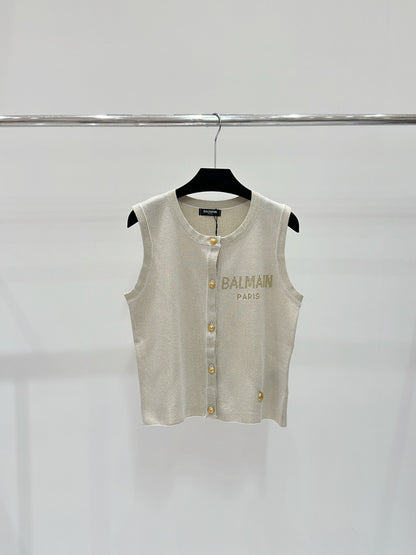 BAC100  Spring summer gold and silver thread letter jacquard metal buckle knitted vest   Clothes