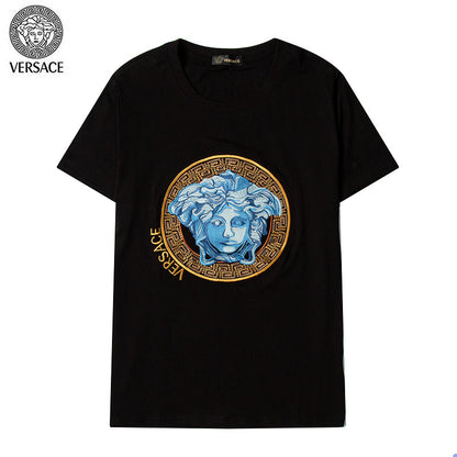 VEC3  Men's and women's gold border and blue Medusa portrait short-sleeved T-shirt