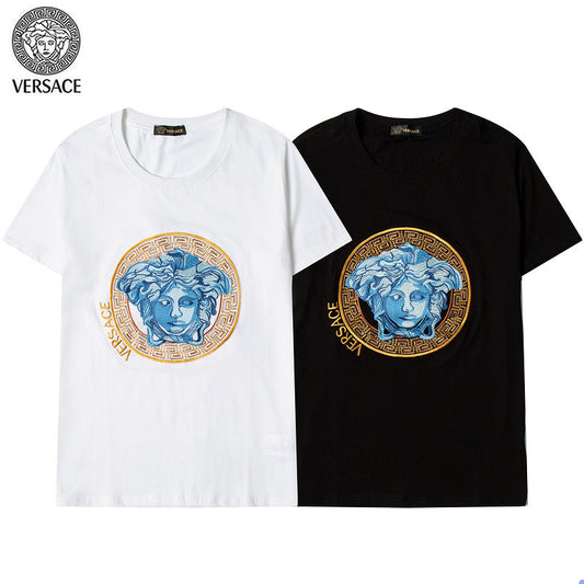 VEC3  Men's and women's gold border and blue Medusa portrait short-sleeved T-shirt