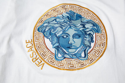 VEC3  Men's and women's gold border and blue Medusa portrait short-sleeved T-shirt