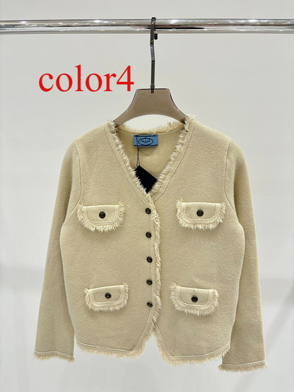 PAC11  Autumn and winter new V-neck fringe pocket design knit coat clother