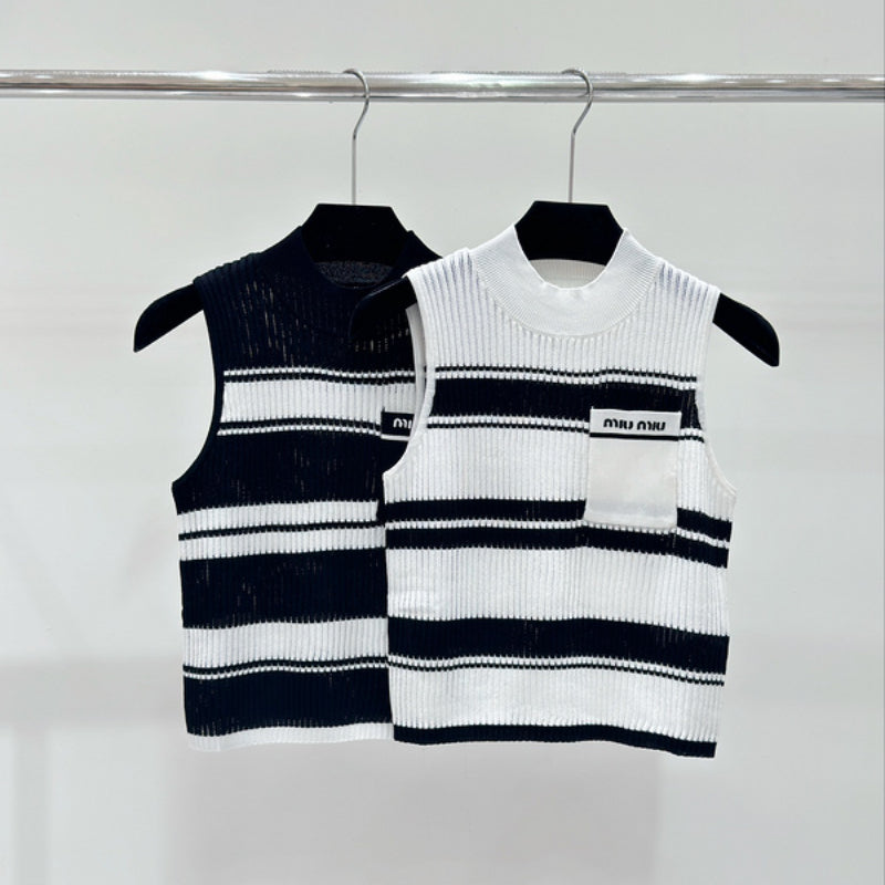 MIC7   Spring and summer new striped color contrast letter jacquard knitted crew neck vest  Clothes