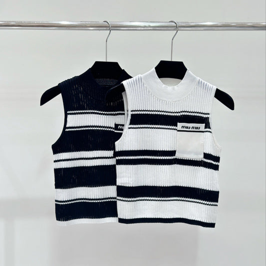 MIC7   Spring and summer new striped color contrast letter jacquard knitted crew neck vest  Clothes